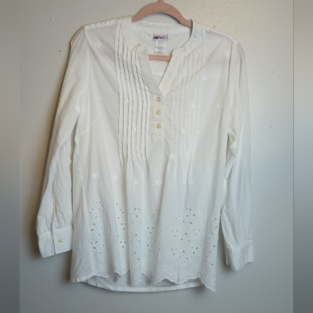 American Sweetheart Top White Cotton Eyelet Pintuck Blouse Medium